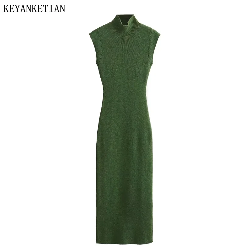 

KEYANKETIAN 2024 New Launch Women's Green Knit Dress Spring Elegant Simply Mock Neck Slim Sleeveless Ankle Skinny MIDI dress