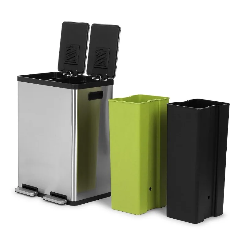 SIMPLI-MAGIC 60 Liter / 16 Gallon Rectangular Hands-Free Dual Compartment Recycling Kitchen Step Trash Can with Soft-Close Lid 4