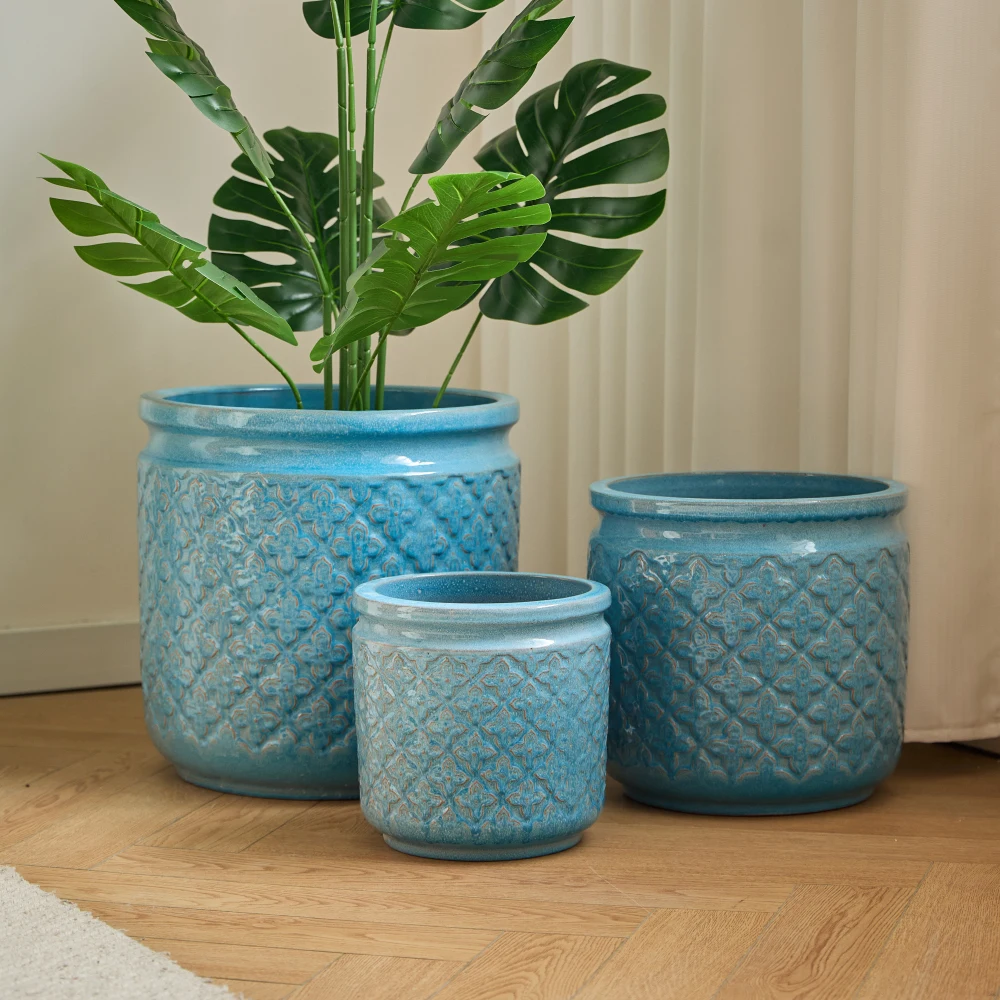 3-teiliges Set Blaue Atmungsaktive Keramik-Blumentöpfe Ø38,1/30,5/22,9cm Orchideen-Pflanzgefäß für Innen- und Außenbereich Heim- und Gartendekoration – Detail 4