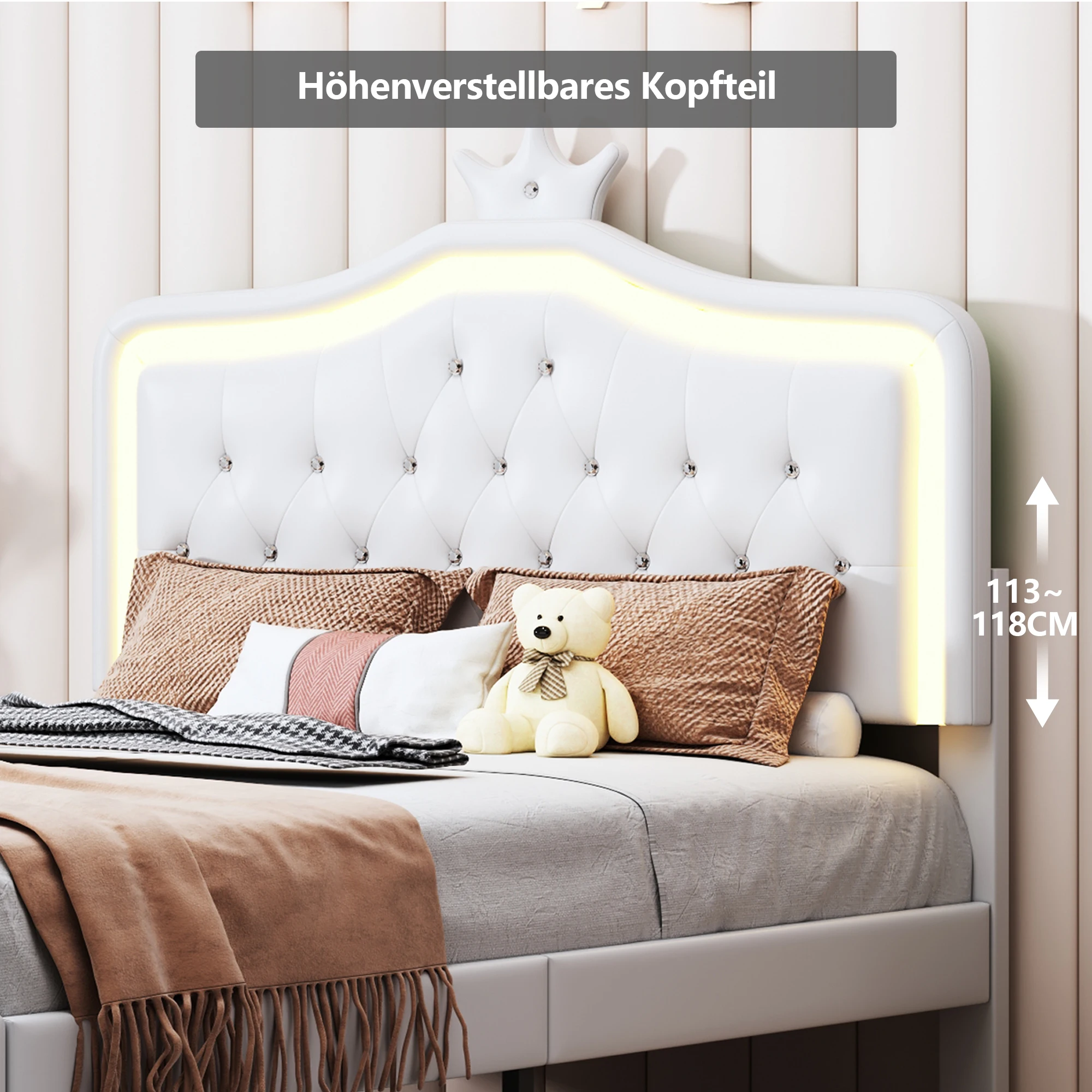 Rosahqnda Kinderbett 90/140 x 100 cm, gepolstertes Kopfteil für Mädchen mit LED-Kronen-Kopfteil und Schublade, PU-Leder, ohne Matratze – Detail 17