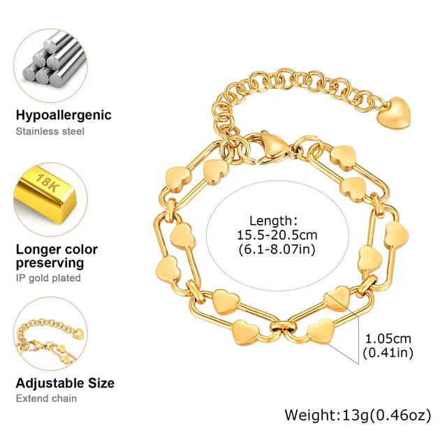 Dainty Heart-shaped Bracelet for Women,Stainless Steel Waterproof Oval Handmade Chain Bracelet, Charm Jewelry Gift