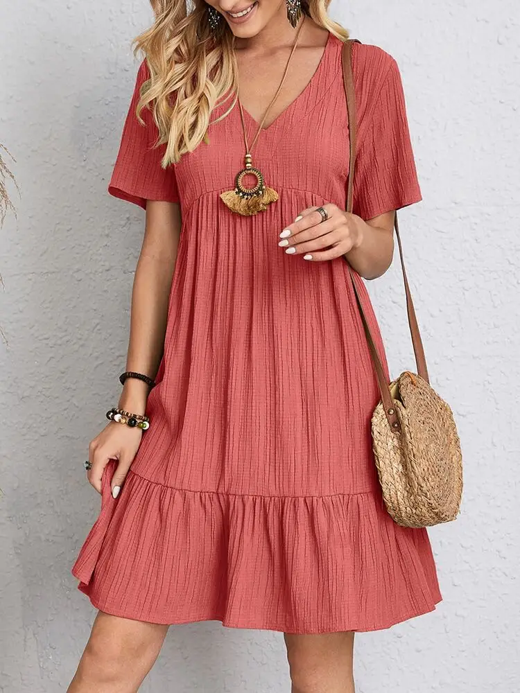 Elegant V Neck Ruffle Mini Dress - Womens Casual Summer Sundress