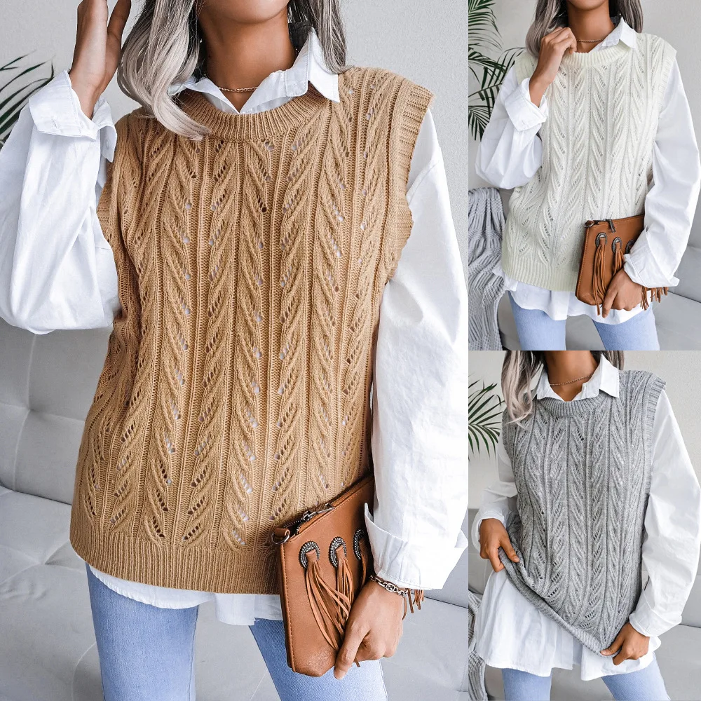 

Elegant Women's Autumn And Winter Round Neck Hollow Leaf Casual Knitted Tank Top Sweater 2023 Fashion Women's Loose Sweater Vest