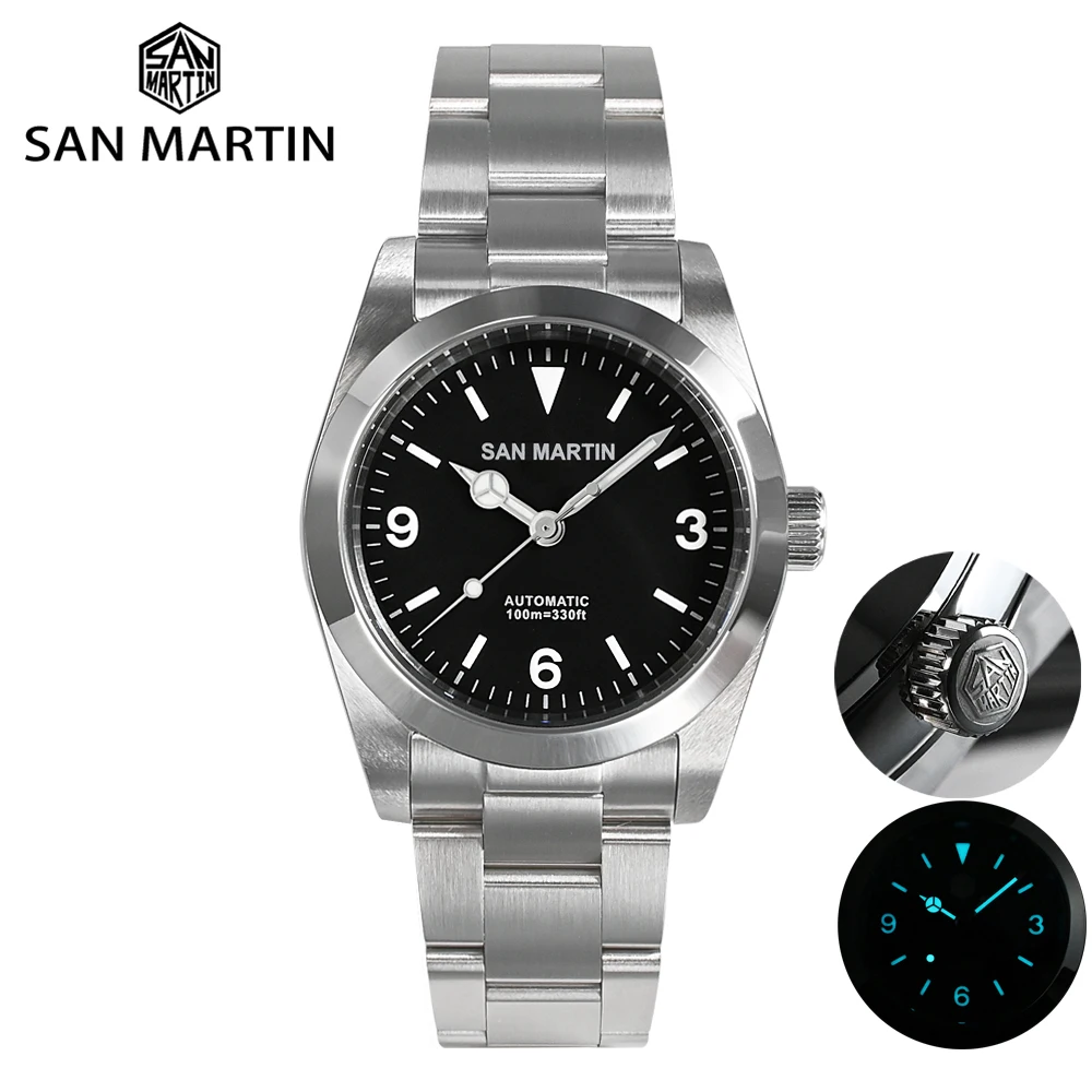San Martin 36mm Explore Series Vintage Men Sport Watch Luxury Sapphire PT5000 Automatic Mechanical Self Winding Waterproof 100m
