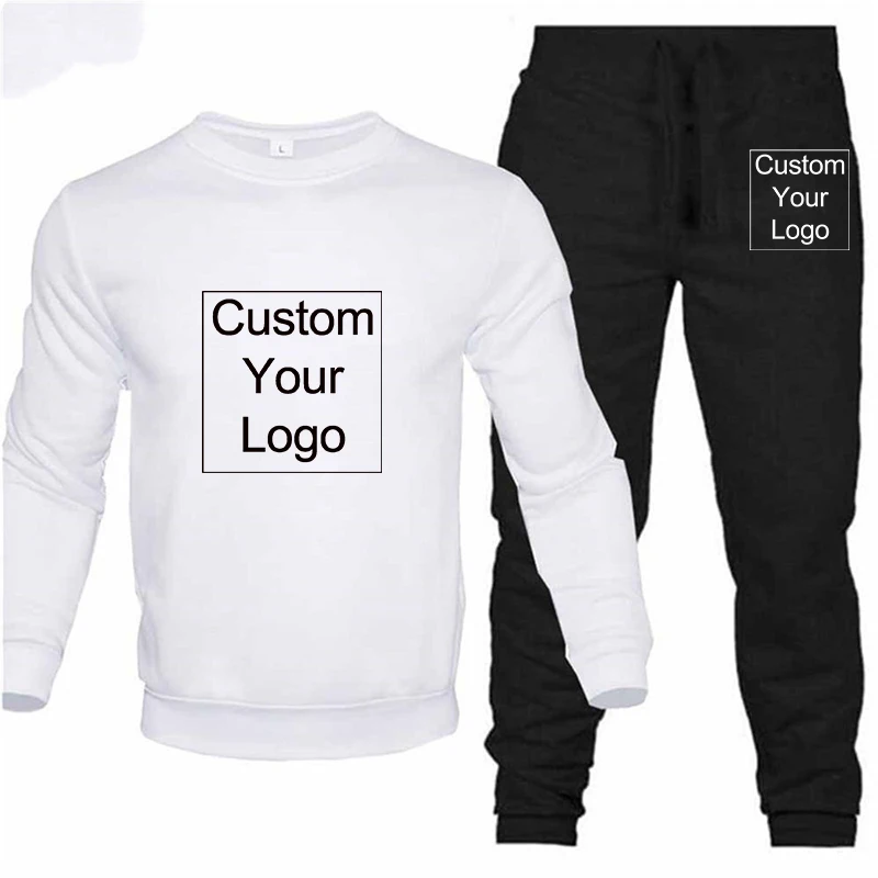 New Custom Logo Solid Color New High-Quality Men's Leisure Sports Round Neck Hoodless Sweater Pullover+Outdoor Running Pants Set