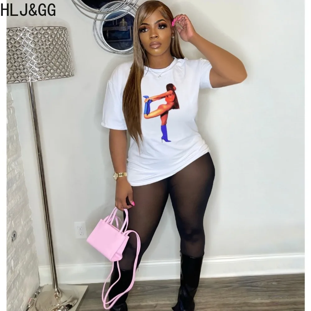 

HLJ&GG Fashion Street Style Women Pattern Print O Neck Short Sleeve Loose Tshirts Casual Female Matching Straight Tops Clothing