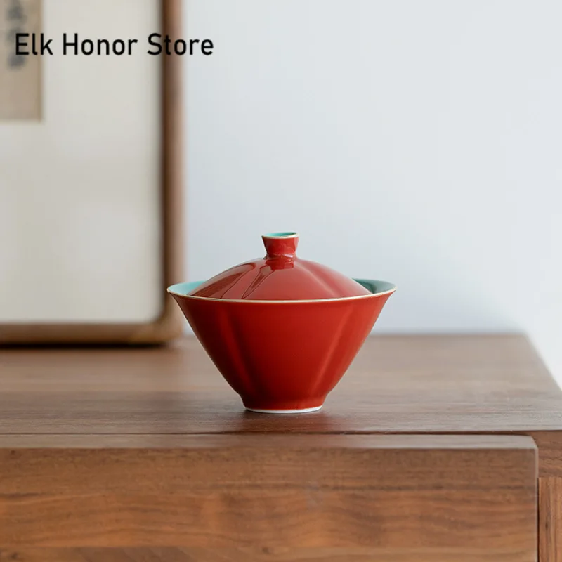 110ml Retro Palace Museum Red Ceramic Tea Tureen Bamboo Hat Non Hot Cover Bowl Chinese Tea Maker Gaiwan Ceremony Set