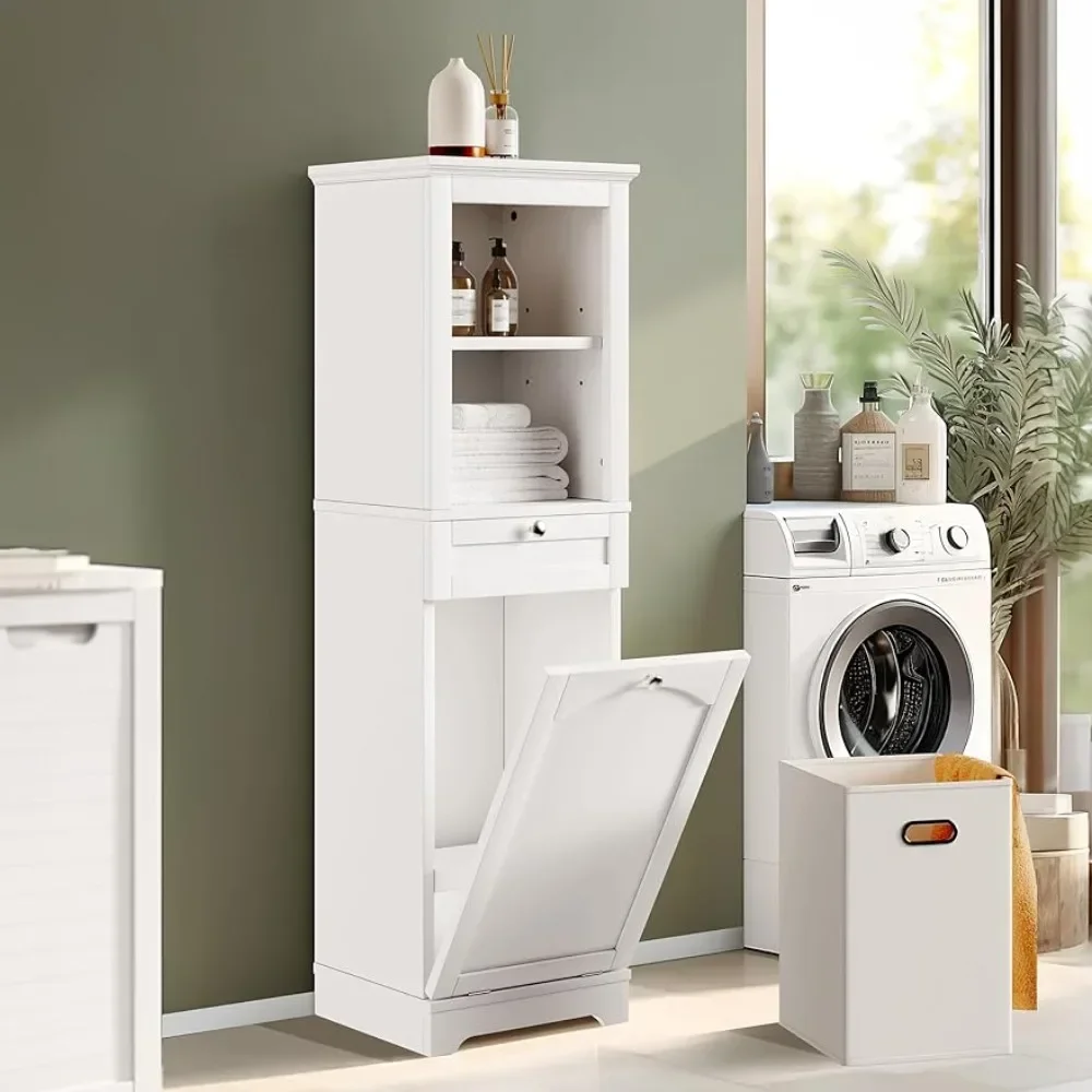 

53" Tall Tilt Out Laundry Hamper Cabinet Hidden Laundry Hamper with Storage Laundry Basket Cabinet with Drawer Bathroom Storage
