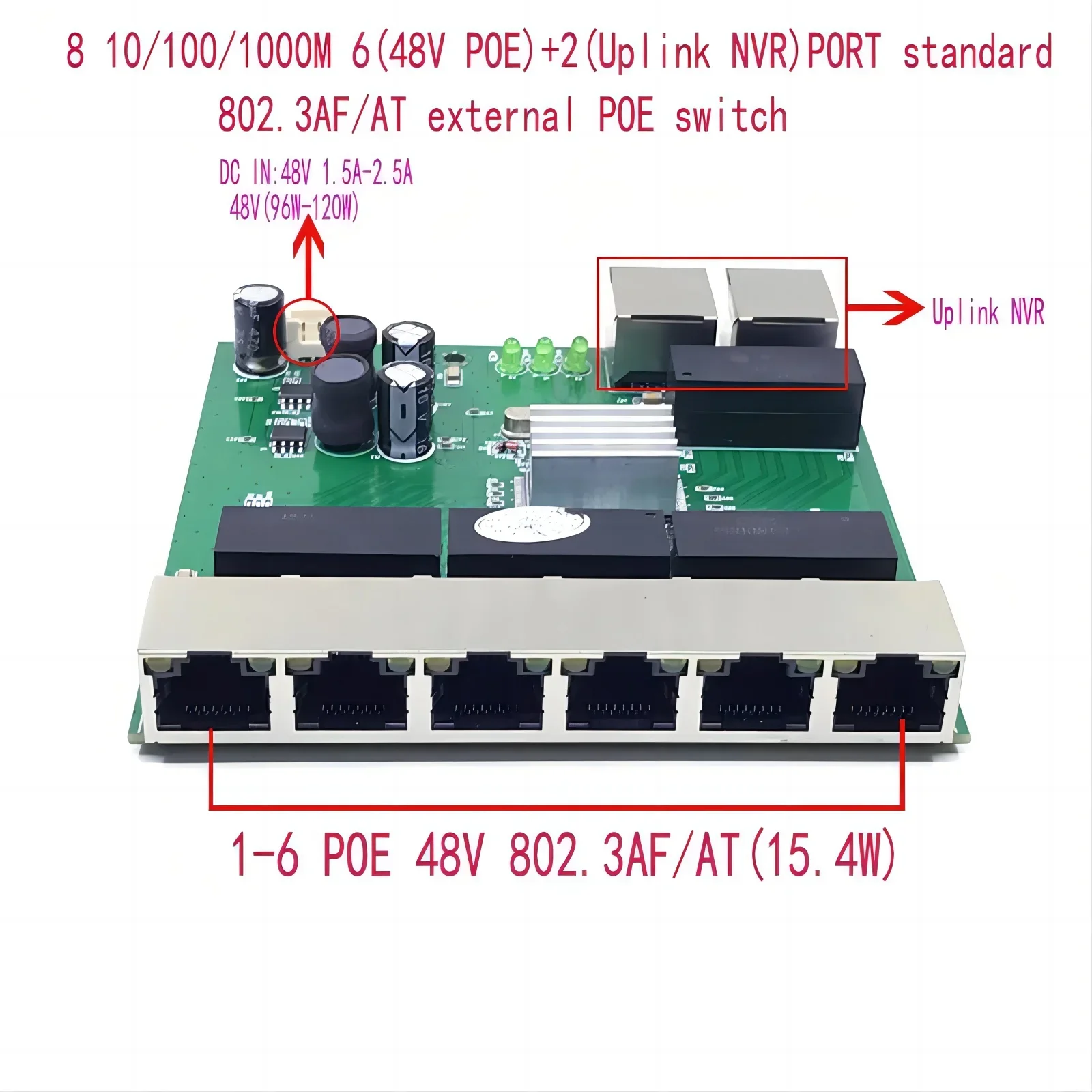 10/8 포트 10, 100, 1000M 8/6 포트, 802.3AF/AT POE, 48V(60W-125W), 업 링크, NVR, 2 포트