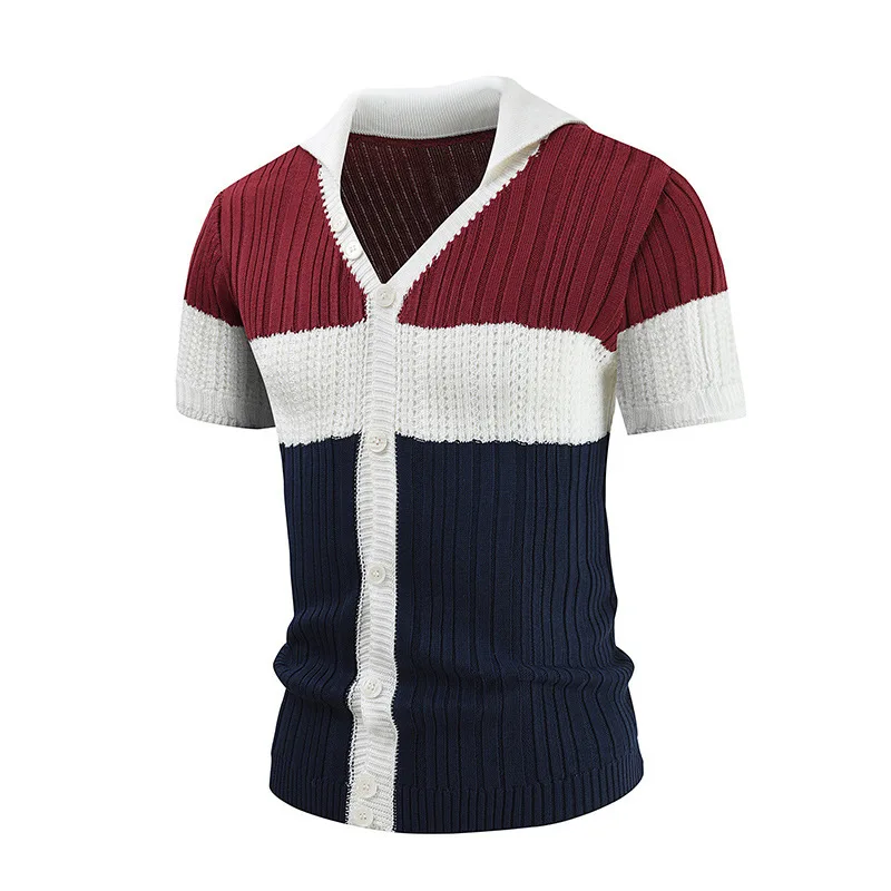 

Fashion Contrast Color Striped Knit Breathable Shirt Men Summer Short Sleeve Buttoned Casual Shirts Knitwear Mens Leisure Tops