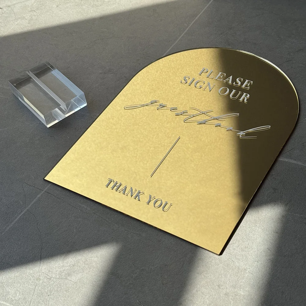 Arch Acrylic Wedding Table Sign Gold Mirror Acrylic Signs with Clear Stand Please Sign Our Guestbook and Please Take One 6*