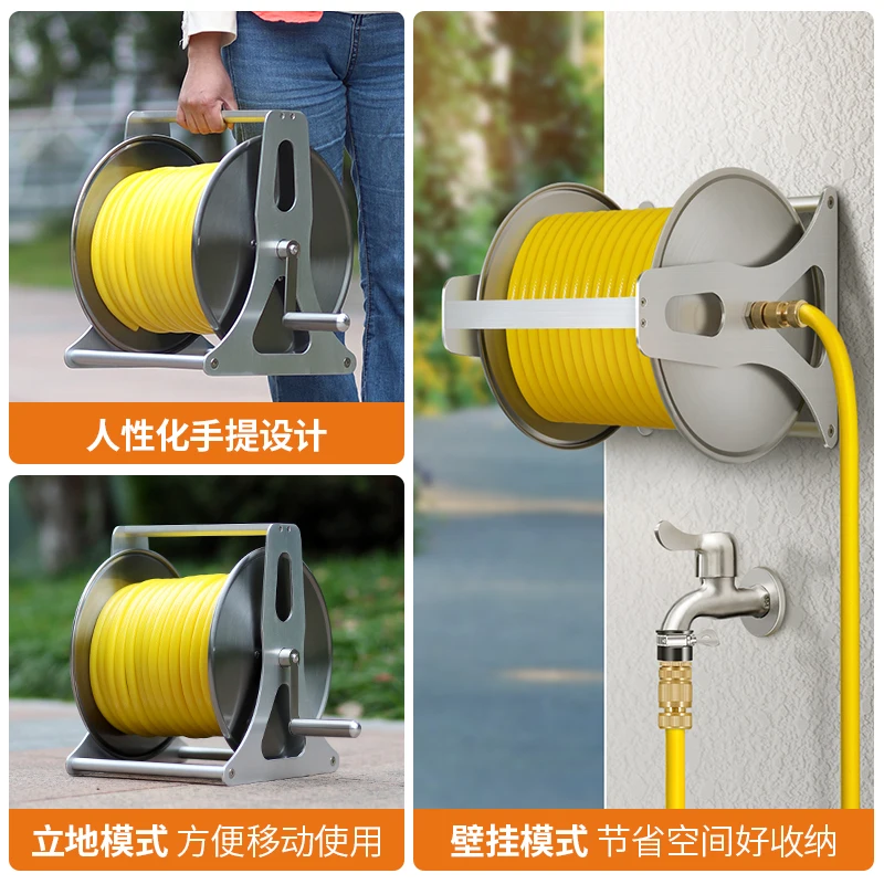 Wall Mount Portable Water Hose Reel Heavy-Duty Stainless Steel Garden Irrigation Systems Holder Hose Trolleys Wash Pipe Rack