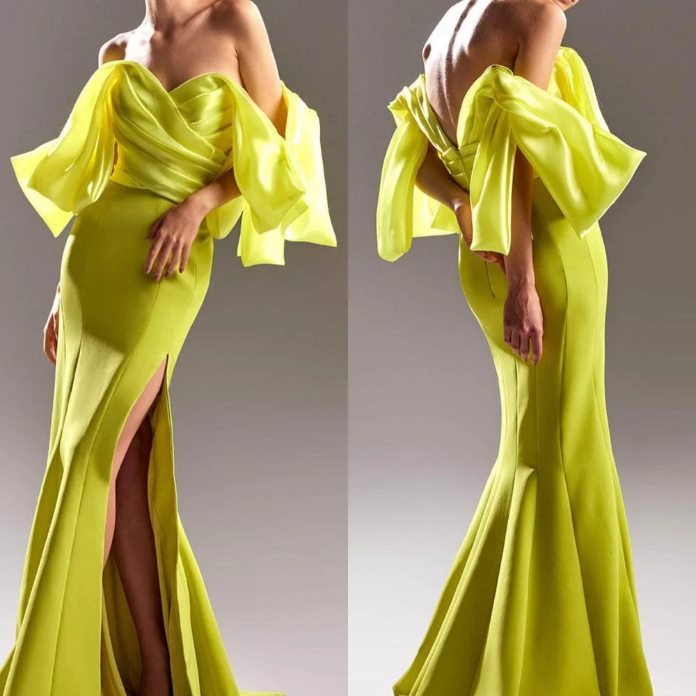 

Fashion Off-the-shoulder Mermaid Evening Dresses Draped Satin Formal Occasion Gown robe femme soirée vestido فساتين سهره نسائيه