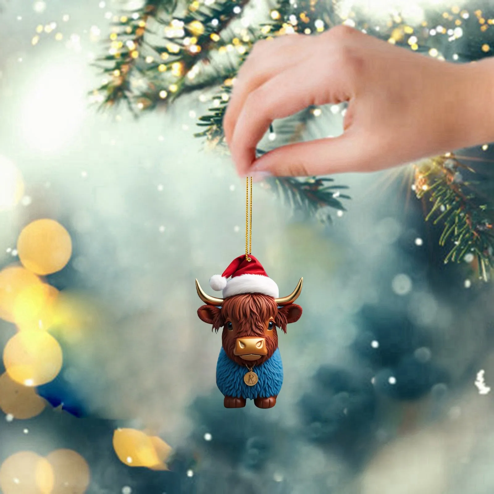 

2D Acrylic Cartoon Funny Christmas Cow Pendant Christmas Tree Hanging Decoration Cute Christmas Hat Cow Decorative Ornament Gift