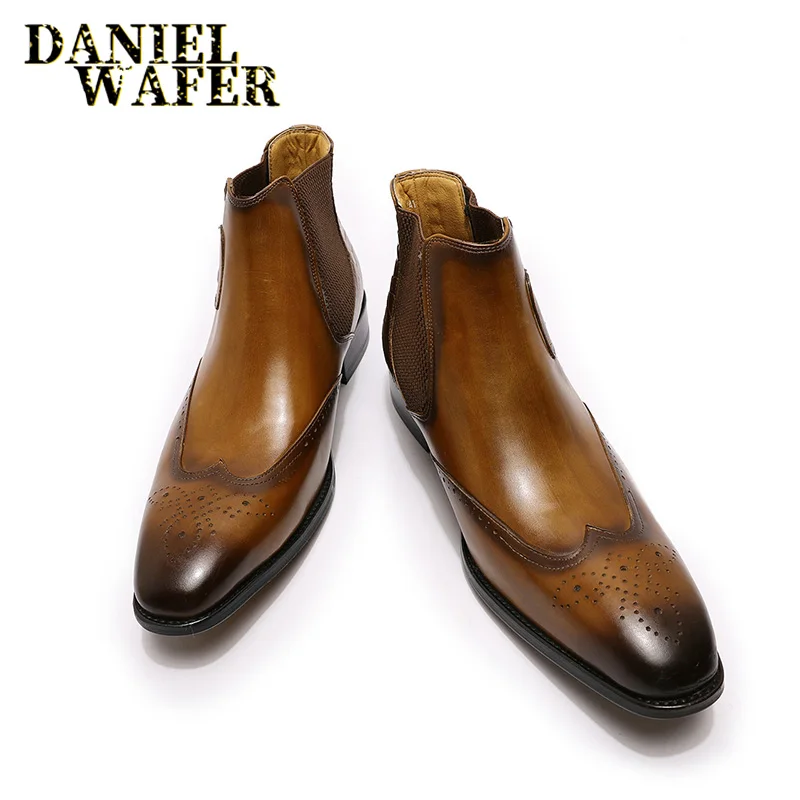 Genuine Leather Men's Chelsea Boots High Grade Slip On Buckle Strap Wingtip Brown Black Shoes Basic men chelsea boots