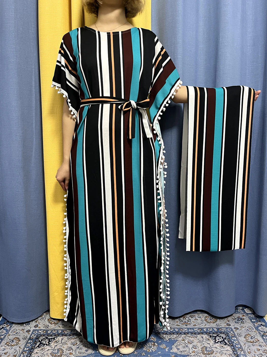 

Abayas For Women 2023 Printed Vertical Stripe Tassels Elasticity Loose Fit Femme Robe African Woman Dresses With Belt Headscarf