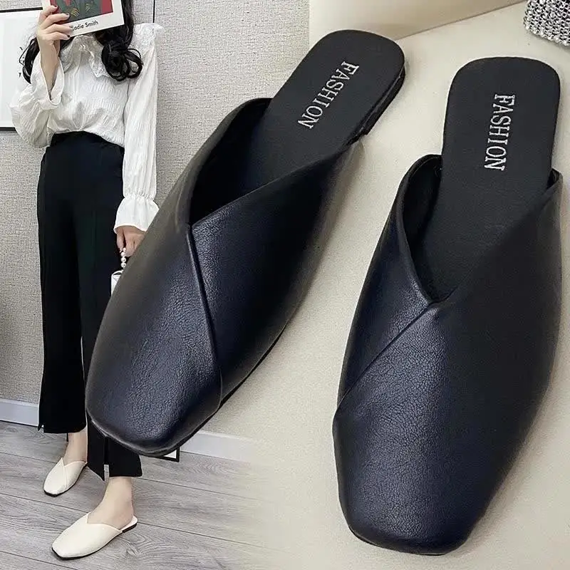 Women Mules 2023 Summer Elegant Square Closed Toe Flat Slippers