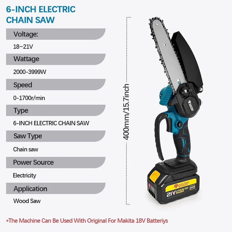 Mini chainsaw 1700RPM 6 Inch mini cordless electric chainsaw one hand portable fit for Makita 18V battery pin no battery