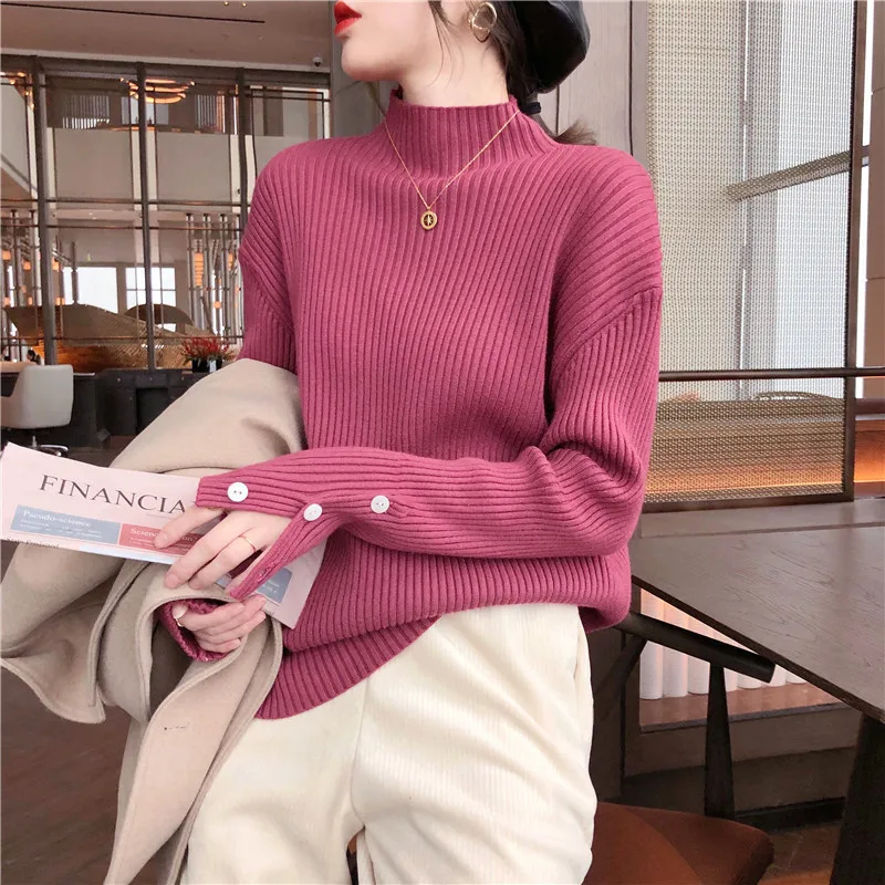 

Корейский свитер 2023 новинка осень/зима женский свободный вязаный пуловер с воротником средней длины модный утепленный пуловер на пуговицах