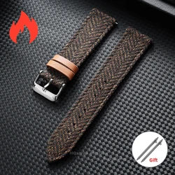 Vintage Leather & Woven Tweed Watch Strap Bracelet - 22mm (Brown)