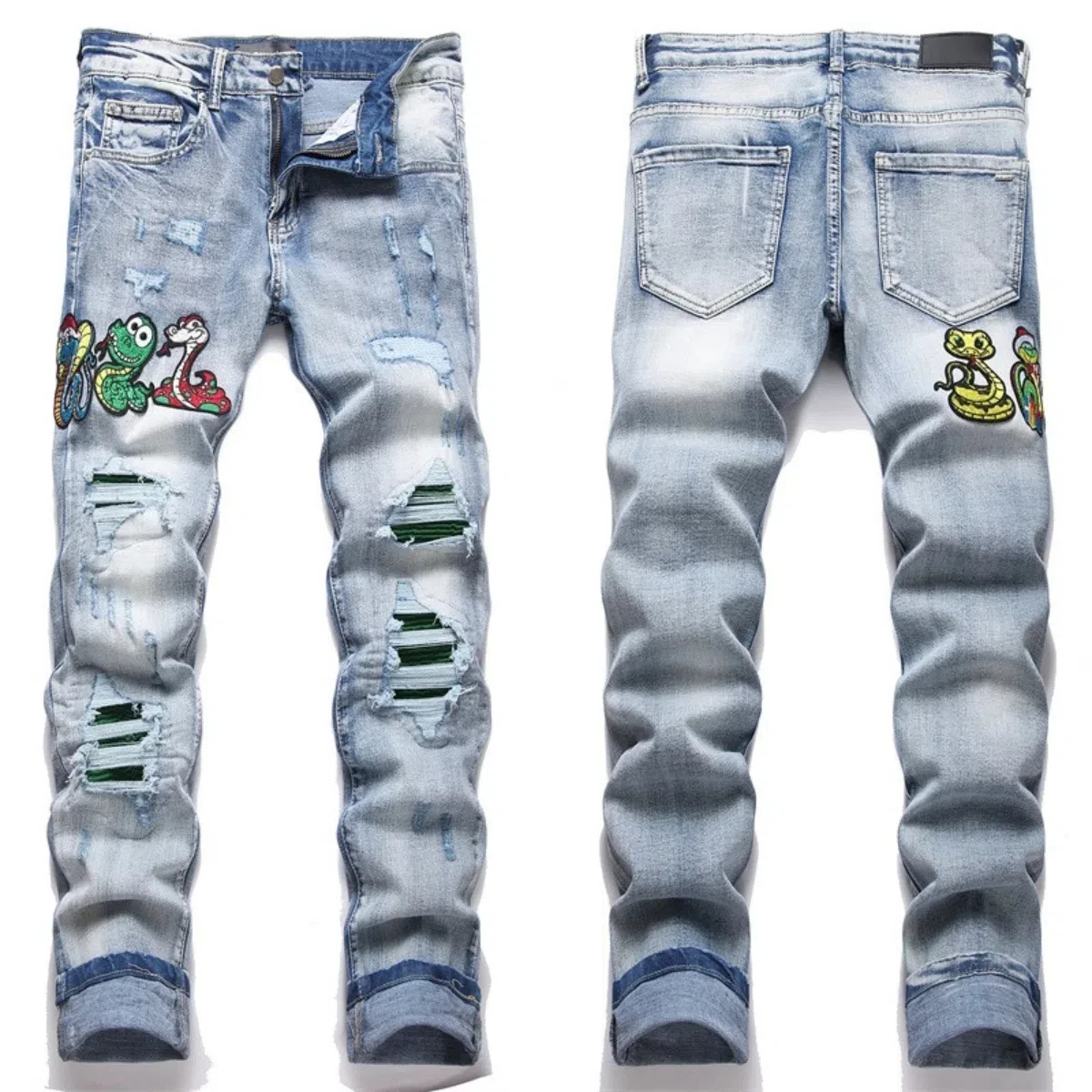 جينز رجالي مطرز من قماش الدنيم مزين بالألماس ثلاثي...