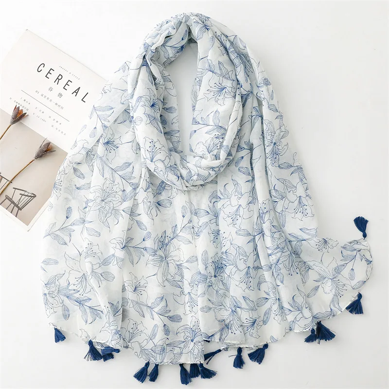 

Light Blue Scarf Spring Summer Shawl Women Elegant Tassel Pashmina Floral Print Viscose Wraps Sun Production Muslim Hijabs