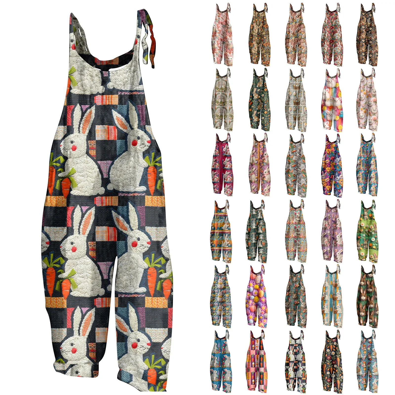 

Женский комбинезон с пасхальным принтом, повседневный свободный винтажный комбинезон из хлопка и льна на лямках