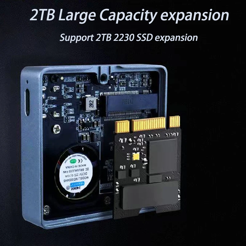 PC 노트북 컴퓨터용 미니 2230 M.2 SSD 인클로저 NVMe 케이스, 10Gbps M.2 to USB C타입 CNC 알루미늄 2230 박스, 내장형 냉각 선풍기 ssd인클로저 2230 인클로저 2230