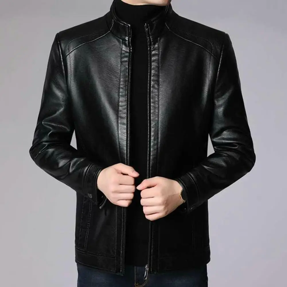 

Faux Leather Jacket Stylish Men's Faux Leather Motorcycle Jacket with Stand Collar Zipper Closure Windproof Design for Autumn