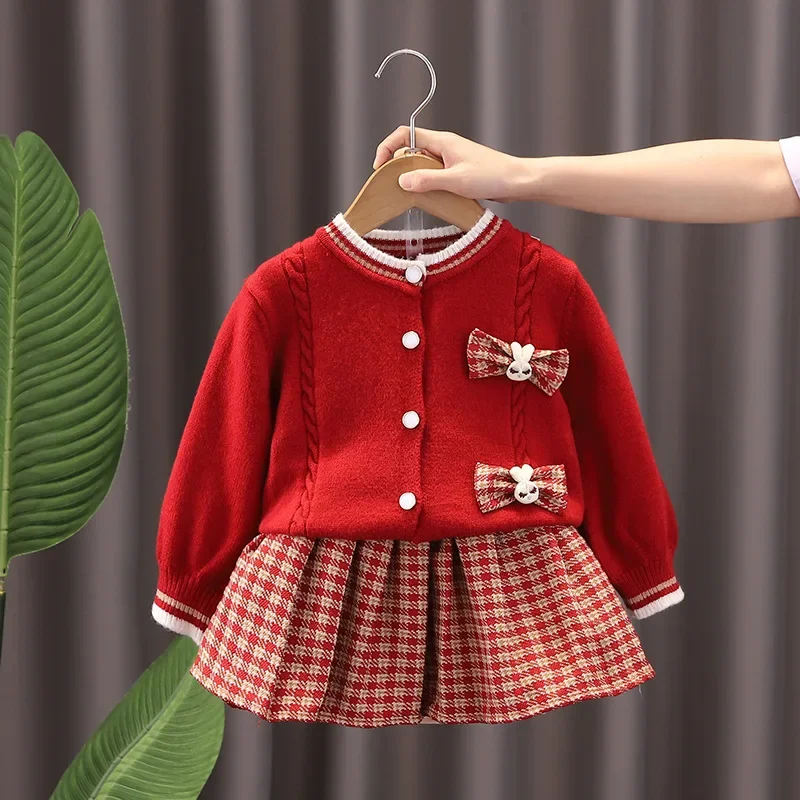 

Autumn Kids Christmas Clothes 2023 JK Skirt Short 2 Pcs Red Sweater Clothes Girls Knit 2-7Y Christmas Children Dress Cute Bunny