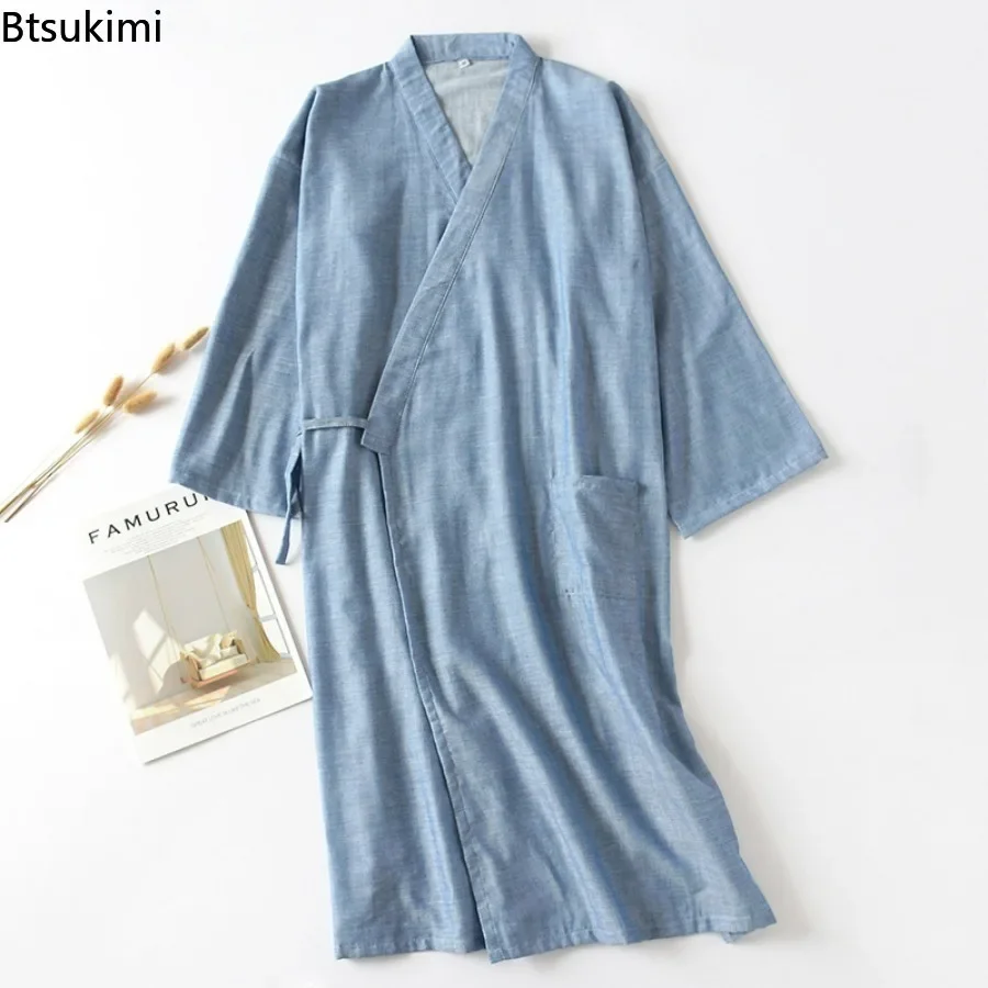 2024 Men's Casual 100% Cotton Double Gauze Couple Bathrobe Dress Thin Nightgown Mens Robes Sleepwear Dressing Gown Kimono Robe