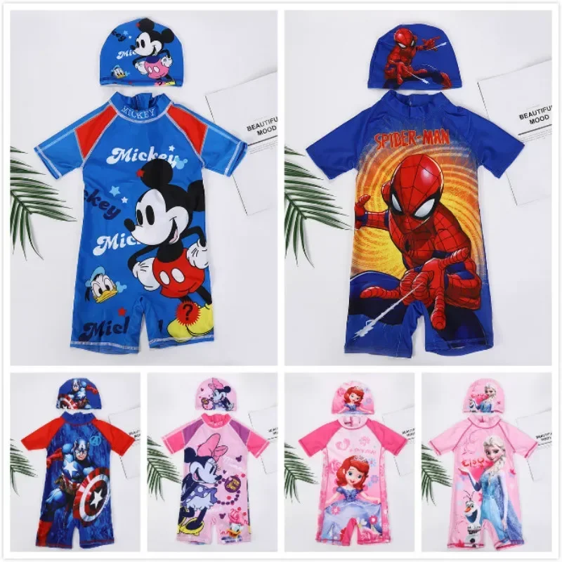 Baby Boys Cartoon Mickey Minnie Spiderman Sophia Elsa Print Swimwear Swimming One Piece Swimsuit Cap Suit Beachwear Girl Clothes