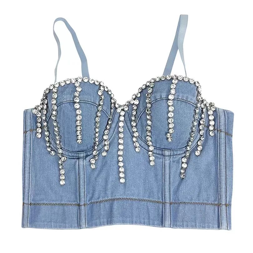 

2023 Trendy Women Sexy Rave Rhinestone Fringe Denim Bustier Cami Corset Club Top Carnival Party Costumes