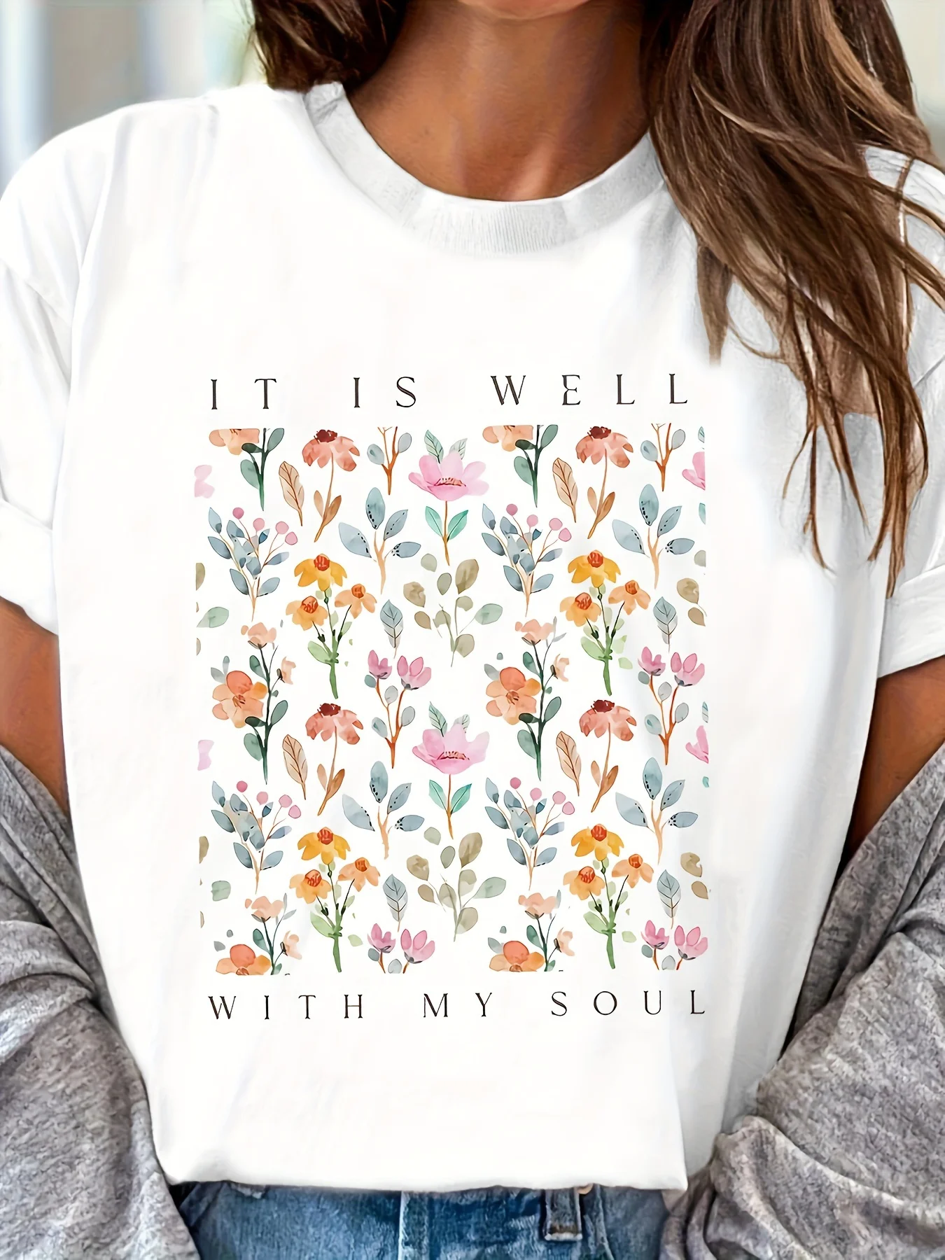 Lebhaftes T-Shirt mit Blumendruck, Baumwolle, kurzärmelig, Rundhalsausschnitt, grafisches T-Shirt, weich, atmungsaktiv, entspannte Passform, Damen-Freizeitkleidung