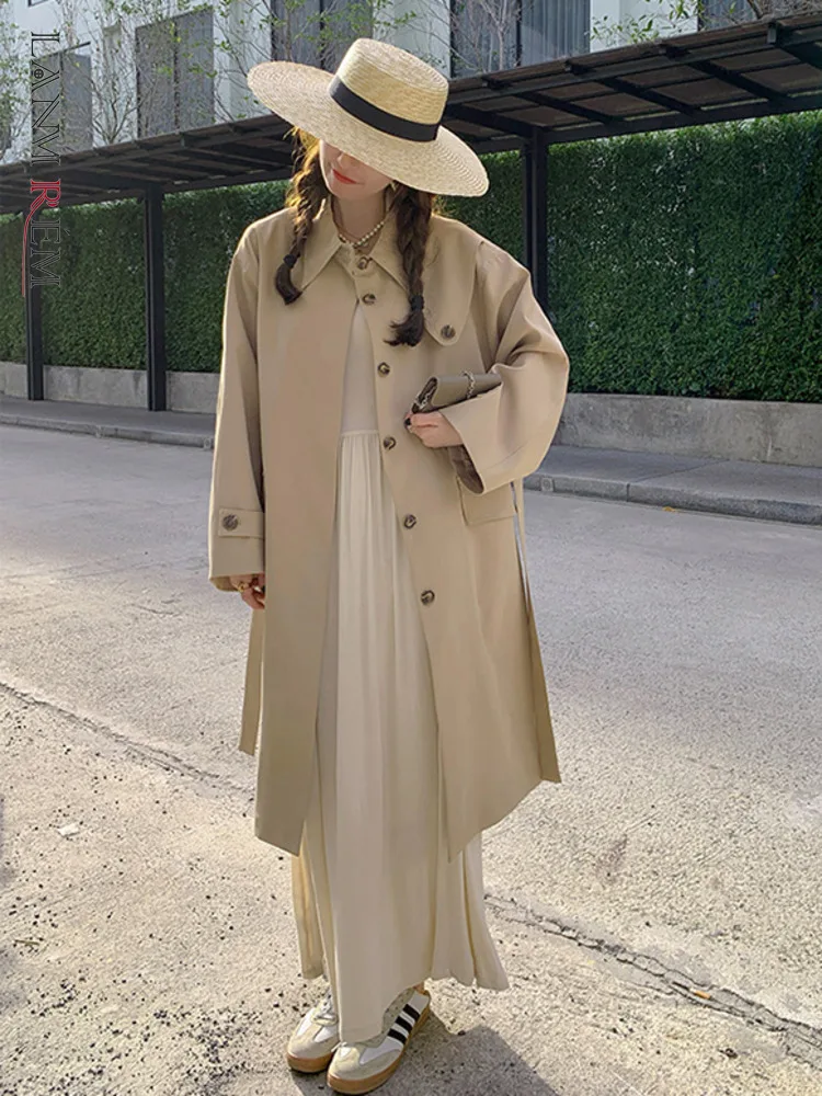 

LANMREM Korean Trench Coat For Women Solid Lapel Single Breasted Belt Coats Fashion Female Clothing 2023 Summer New 2CY131