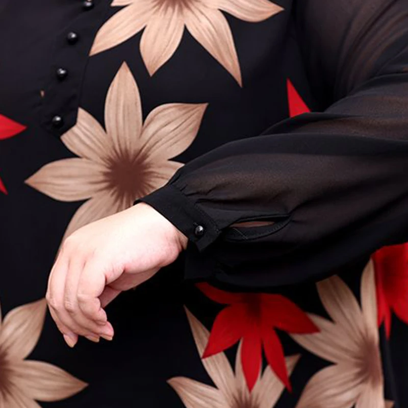 Autumn Winter Fashion Temperament Print Plus Size Female Blouse Chiffon Long Sleeve Lady Shirt Chic Oversized Loose Top Women