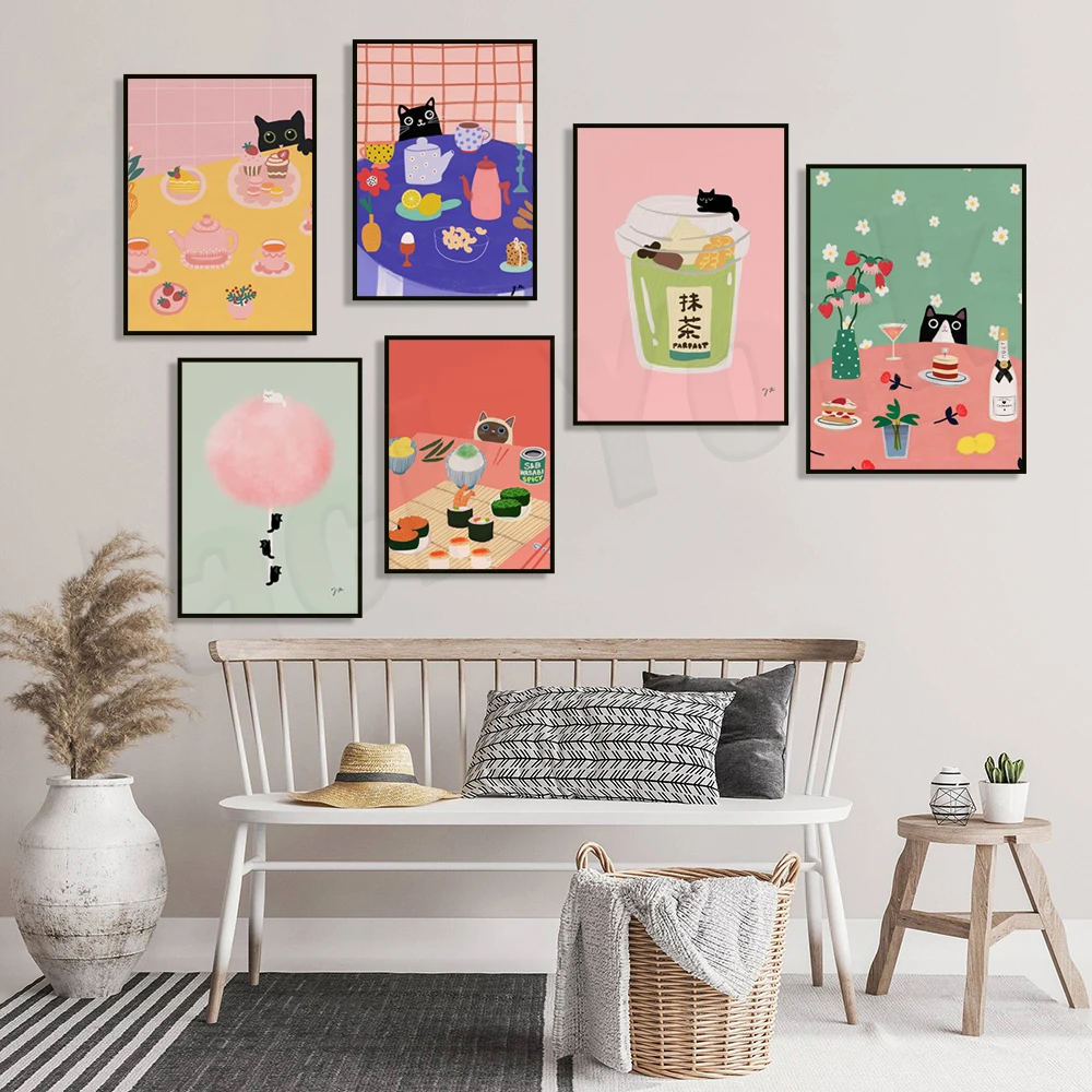 Black Cat Lemon Mirtillo Cake, Marshmallow Cat, Tuxedo Cat, Orange Tree E Black Cat, Kitchen Matcha Drink Black Cat Poster