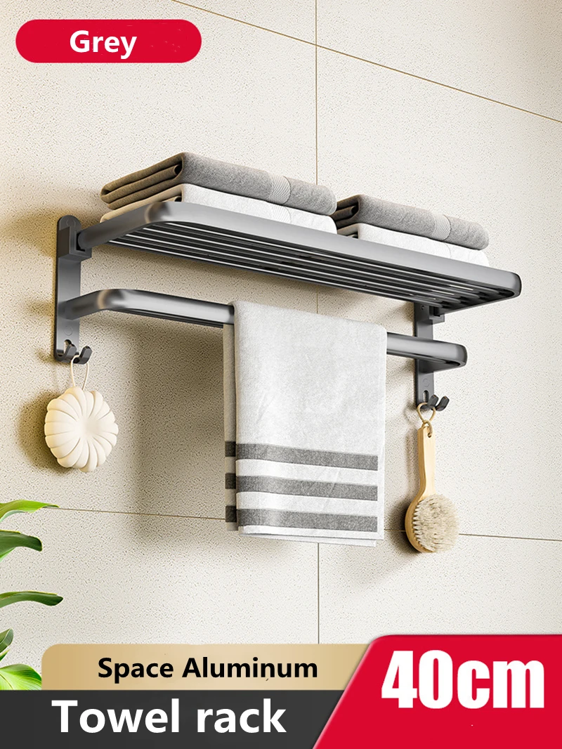Gray Towel Storage Rack Aluminum Movable Bathroom Holder No Punch Towel  Rail Rack With 2 Hooks Wall Mount Shelf Shower Hanger - AliExpress