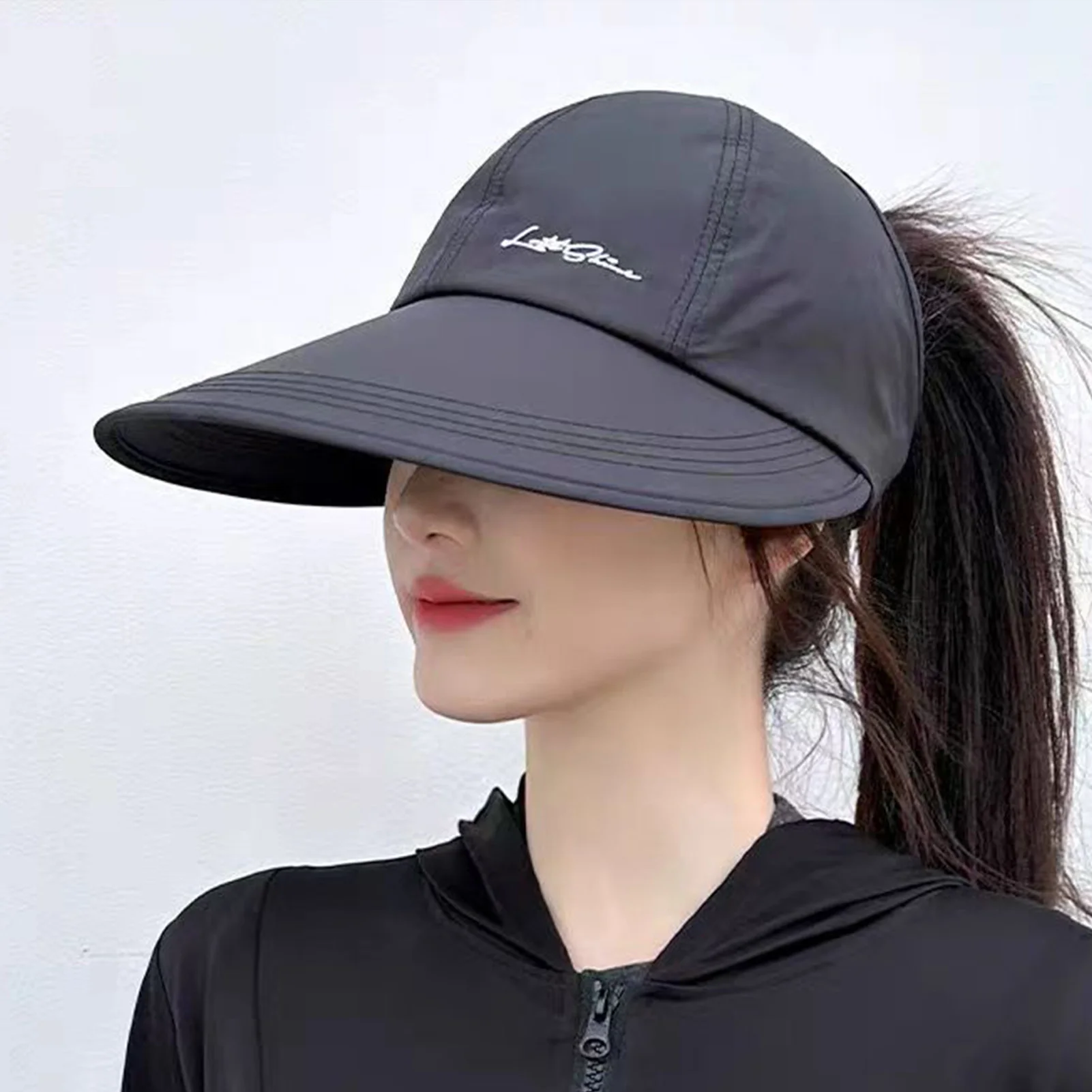 Outdoor-Sonnenhut für Damen, atmungsaktiv, schnell trocknend, Baseballkappe, leicht und atmungsaktiv, oben offen, breite Krempe, Entenschnabelkappe – Detail 4