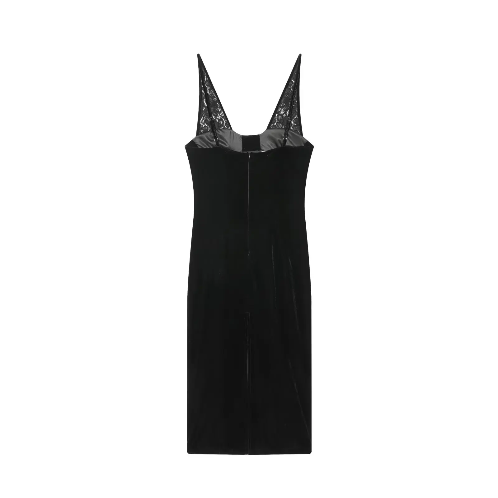 HH Frau Frühling Mode V Kragen Zipper Spitze Dekoration Sexy Ärmellose Samt Stoff Kleid Weibliche Slim Fit Rückenfreies Kleid – Detail 3