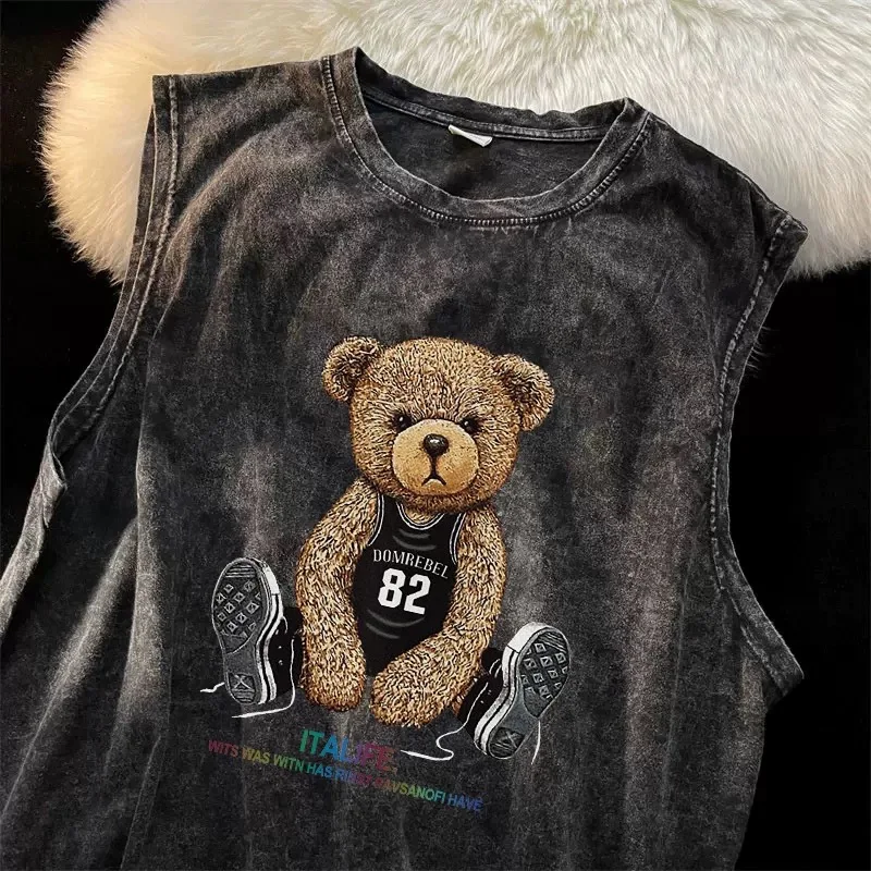 American Do Old Wash Water Vest Men Personality Print Summer Loose Hip Hop Basketball Sleeveless T-shirt Sports Walk