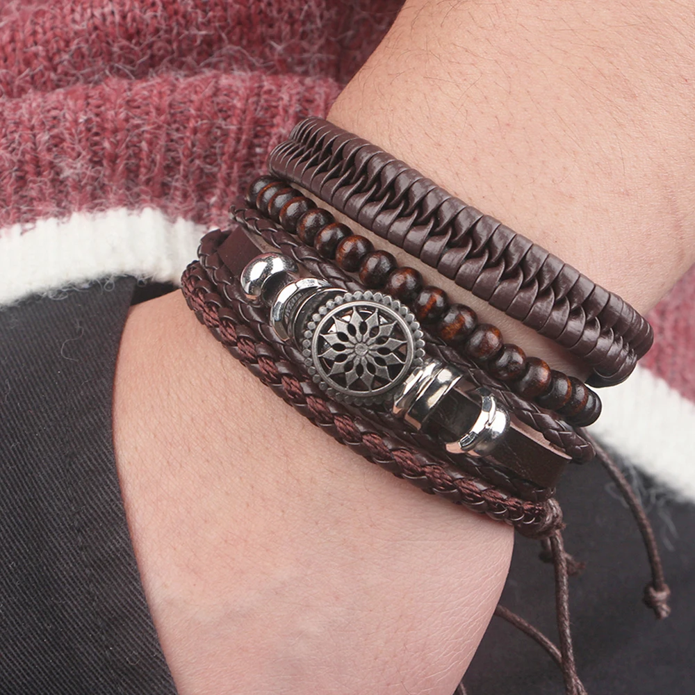 Fashion Leather Bracelets for Men Braided Wrap Vintage Life Tree Rudder