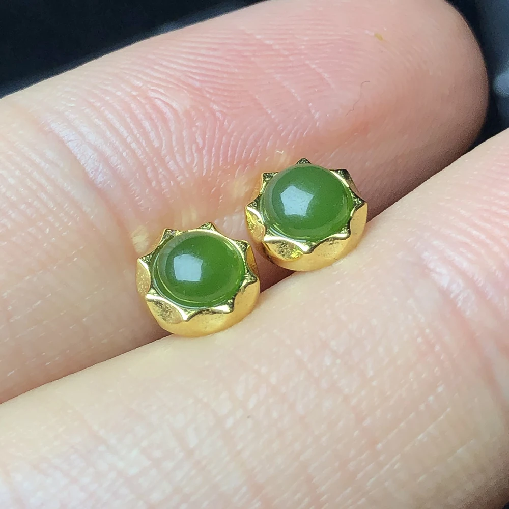 Natural green chalcedony silver earring, round 6mm*6mm, light apple green color, vivid color and brief design, fashion style