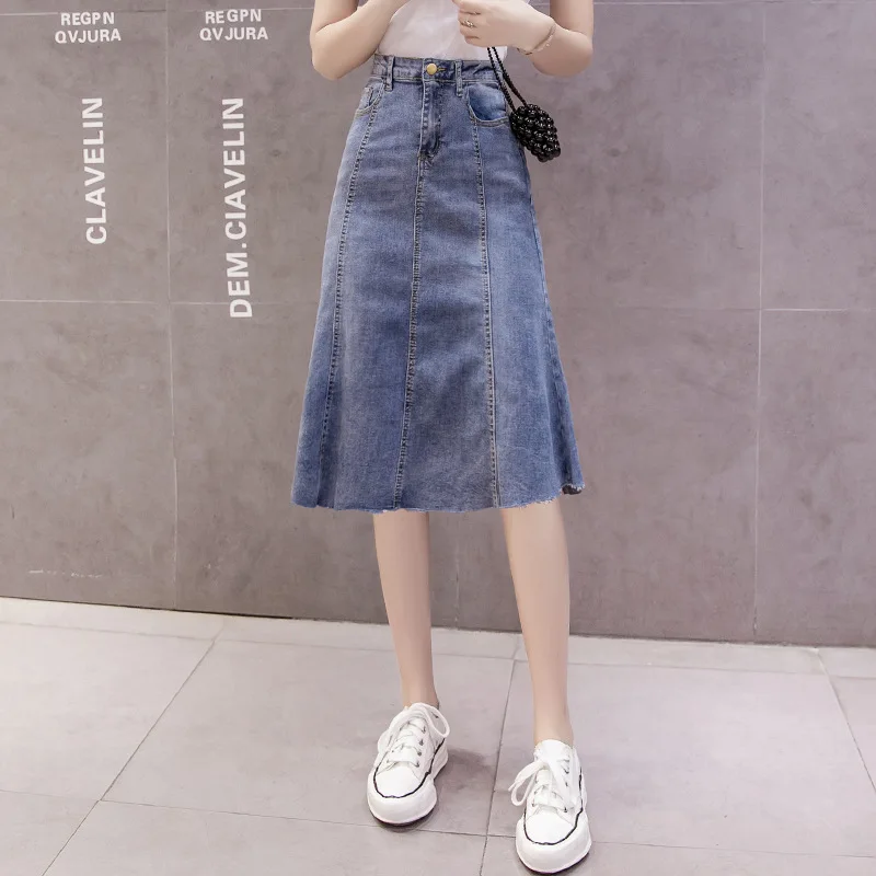 

Women's Denim Skirts 7-5 Female A-line Patched Knee-length Empire Jeans Skirt