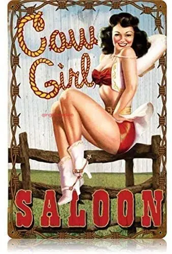 

Maizeco Vintage Cowgirl Saloon - Pin-Up Girl Metal Tin Signs 8 x 12 Inch Sexy Wall Decor Sign Plaque Poster for Tavern Home Room