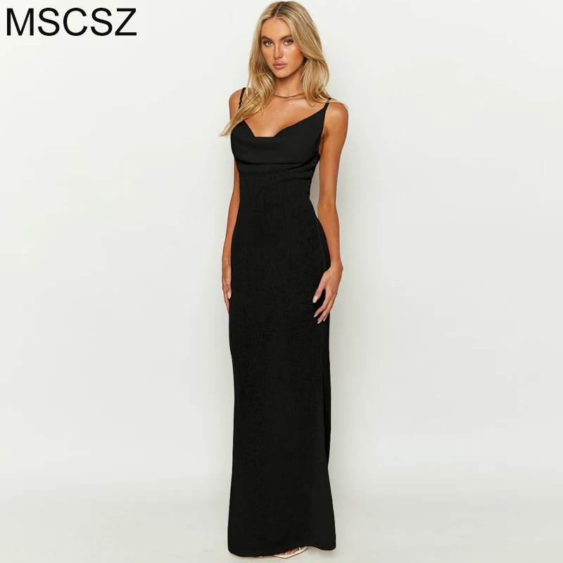 SpaghettiStrapBlackMaxiDress2024SexyVNeckBacklessLongSummer