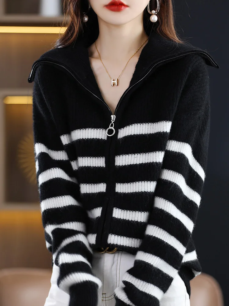 

Spring Autumn Winter Women Sweater Zipper Turn-down Collar Cardigan 100% Merino Wool Casual Cashmere Knitwear Korean Fashion Top