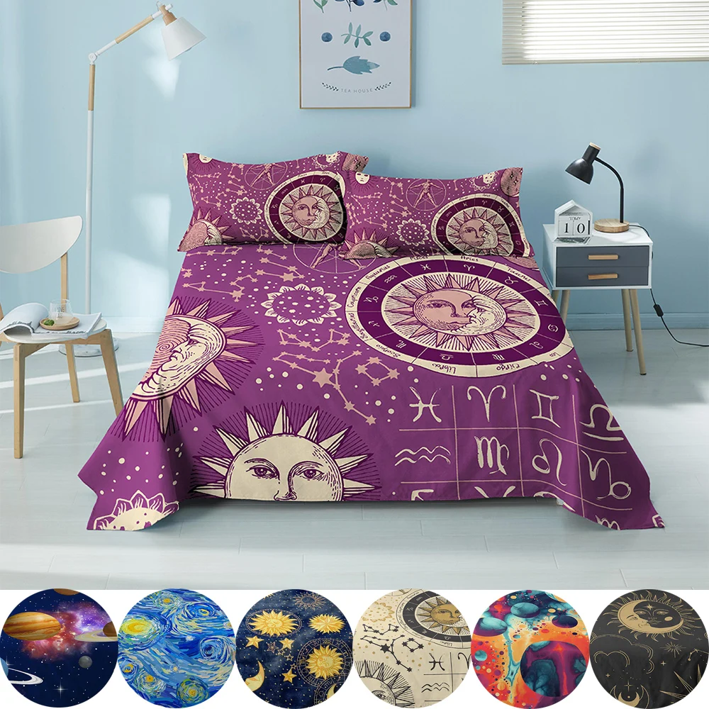 

Sun Moon Patterns Bedding Sheet Fashion Creative Flat Sheet With Pillowcase Polyester Queen King Sizes Bedspread Home Textiles