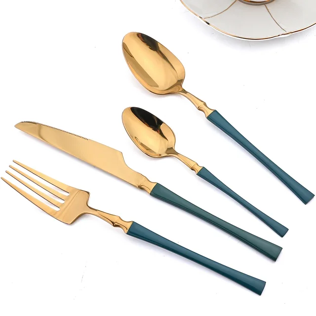 24 pezzi in acciaio inossidabile set di posate in oro coltello forchetta cucchiaio coltello da bistecca forchetta cucchiaio stoviglie retrò adatto per la cucina del ristorante 4