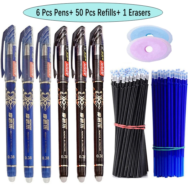 Erasable Gel Pens Black Blue Refill Rod 0.5mm Ballpoint Pen Washable Handle School Office Writing Supplies Stationery 57Pcs/Set